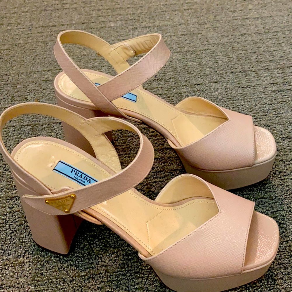 PRADA | Open Toe Square Leather Block Heels